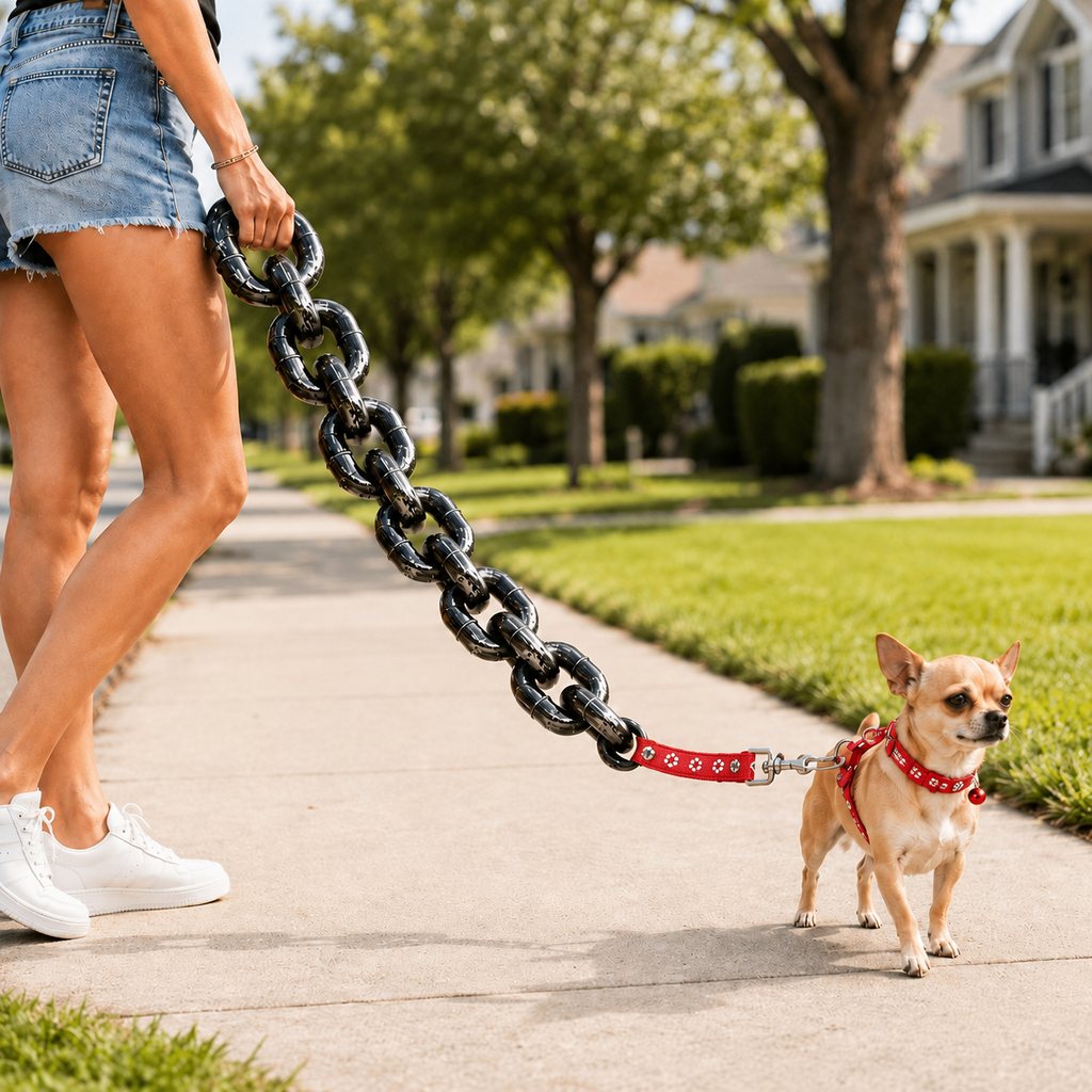 Red and silver oversized chain-look dog leash and collar set for small dogs