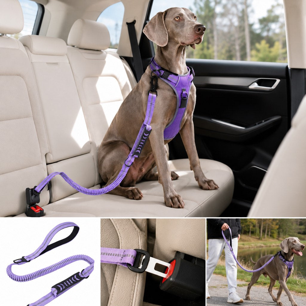 Paws in Awe Reflective Dog Car Seat Belt Leash for Backseat Travel & Daily Walks - Shock-Absorbing Bungee Tether to Help Reduce Pulling & Driver Distraction image 1