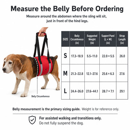 Reflective dog lift support sling size guide