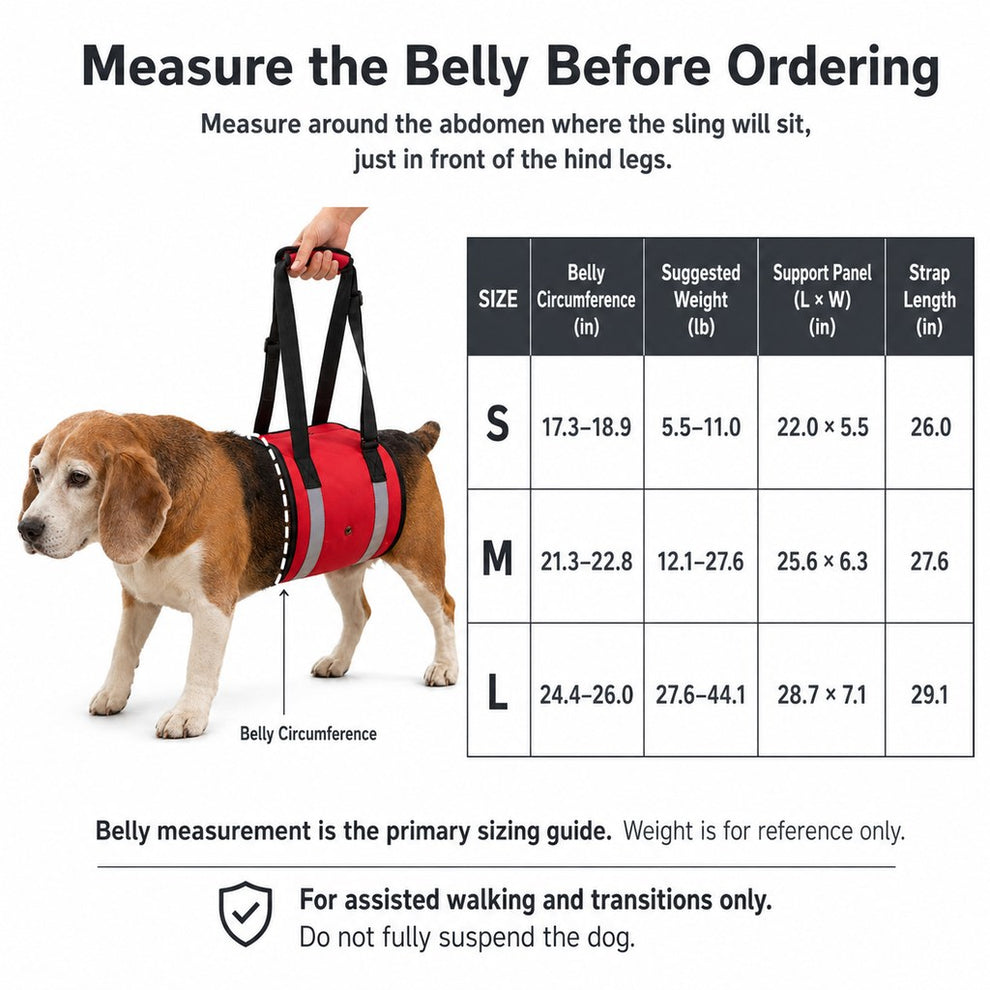 Reflective dog lift support sling size guide