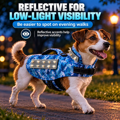 Reflective blue camouflage dog protective vest for low-light walks
