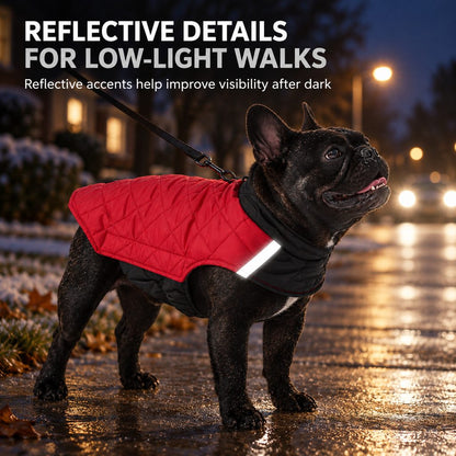 Reflective detail on dog winter coat for low-light walks