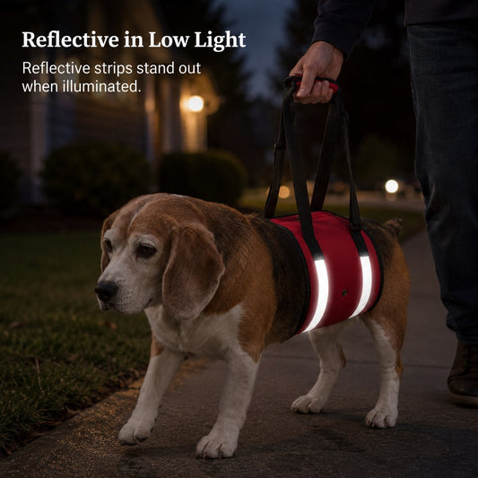 Reflective dog lift support sling in low light