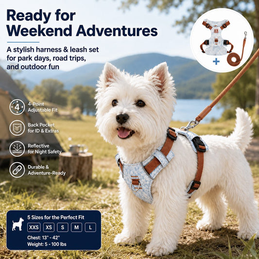 Paws in Awe Vintage Denim No-Pull Dog Harness &5 ft Rope Leash Set - Soft Adjustable Vest for Everyday Walks, Better Control & Low-Light Visibility image 2