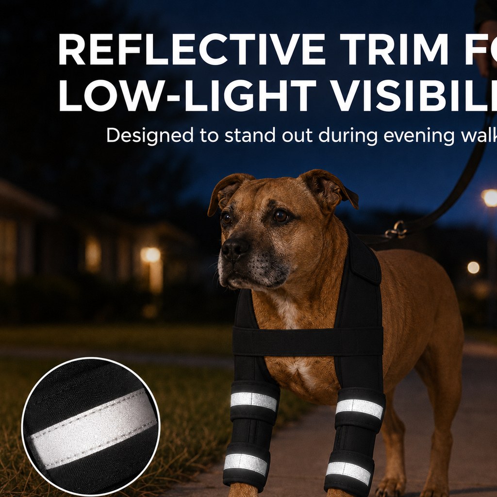 Reflective trim dog front leg brace for low light visibility