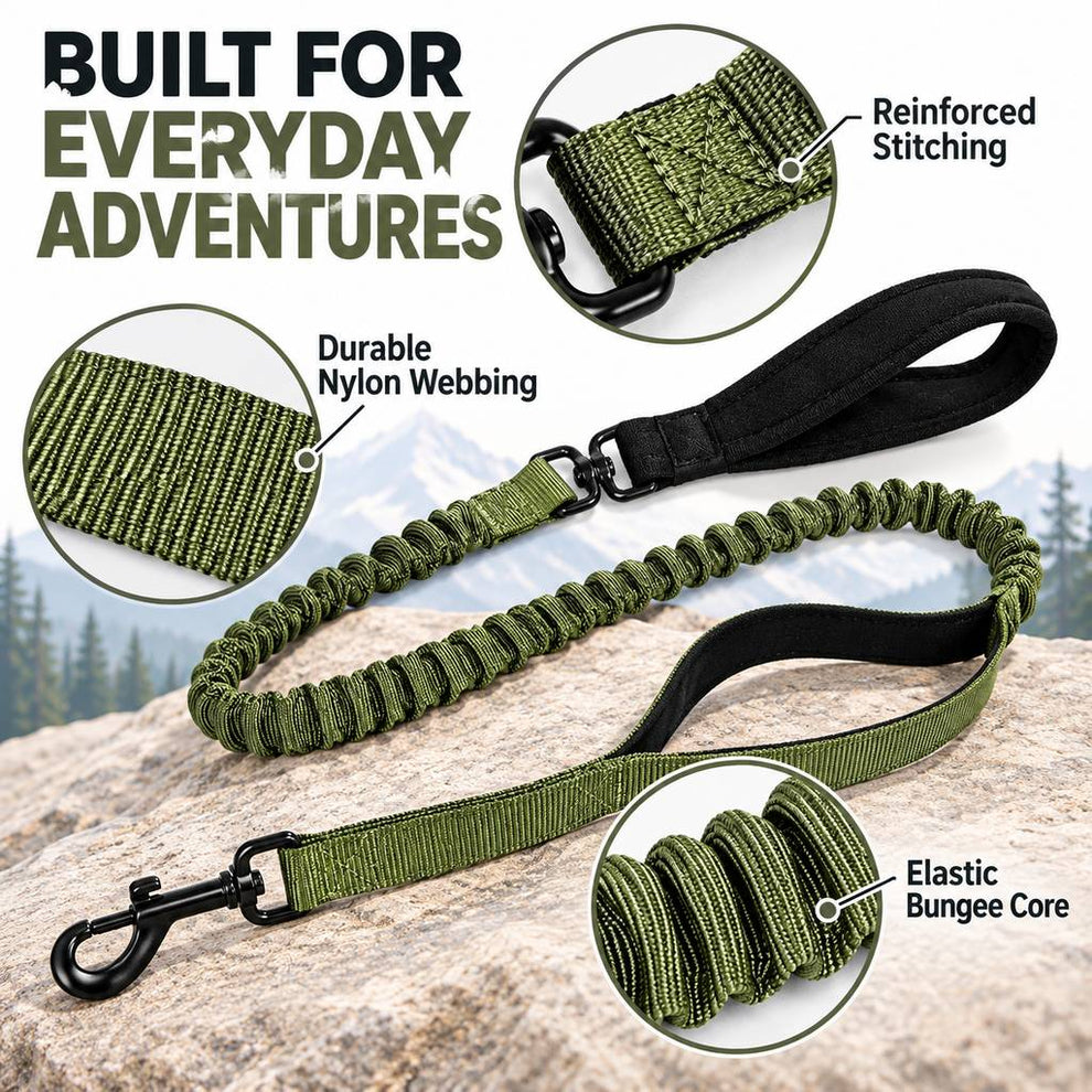 Reinforced nylon webbing and elastic core on bungee dog leash