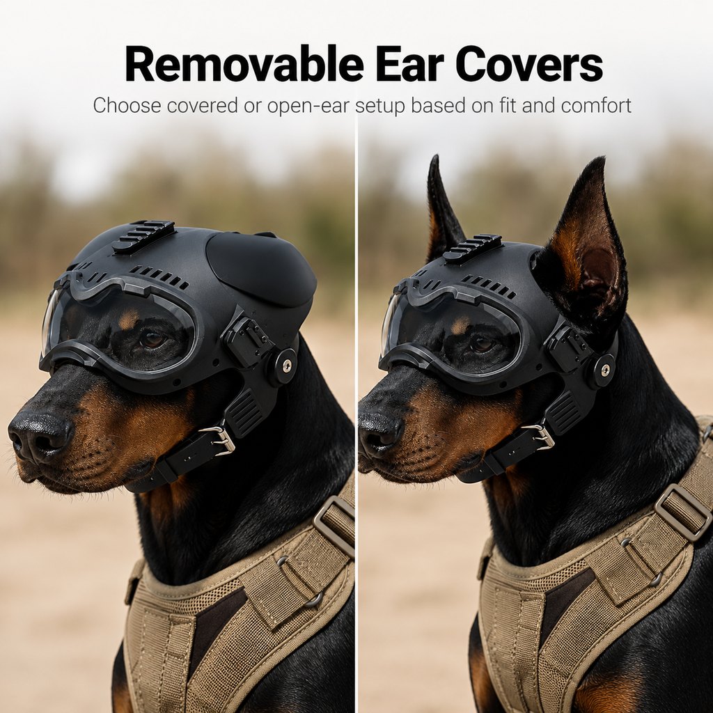 K9 tactical-style dog helmet with goggles for outdoor training