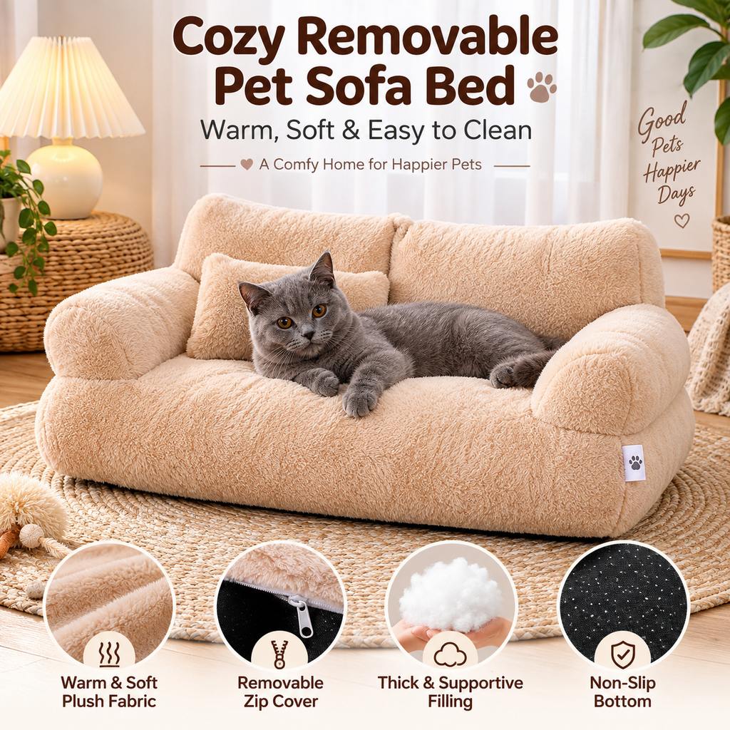 Paws in Awe Removable Plush Pet Sofa Bed for Cats & Small Dogs - Warm Supportive Couch for Indoor Naps & Easy Cleaning image 2