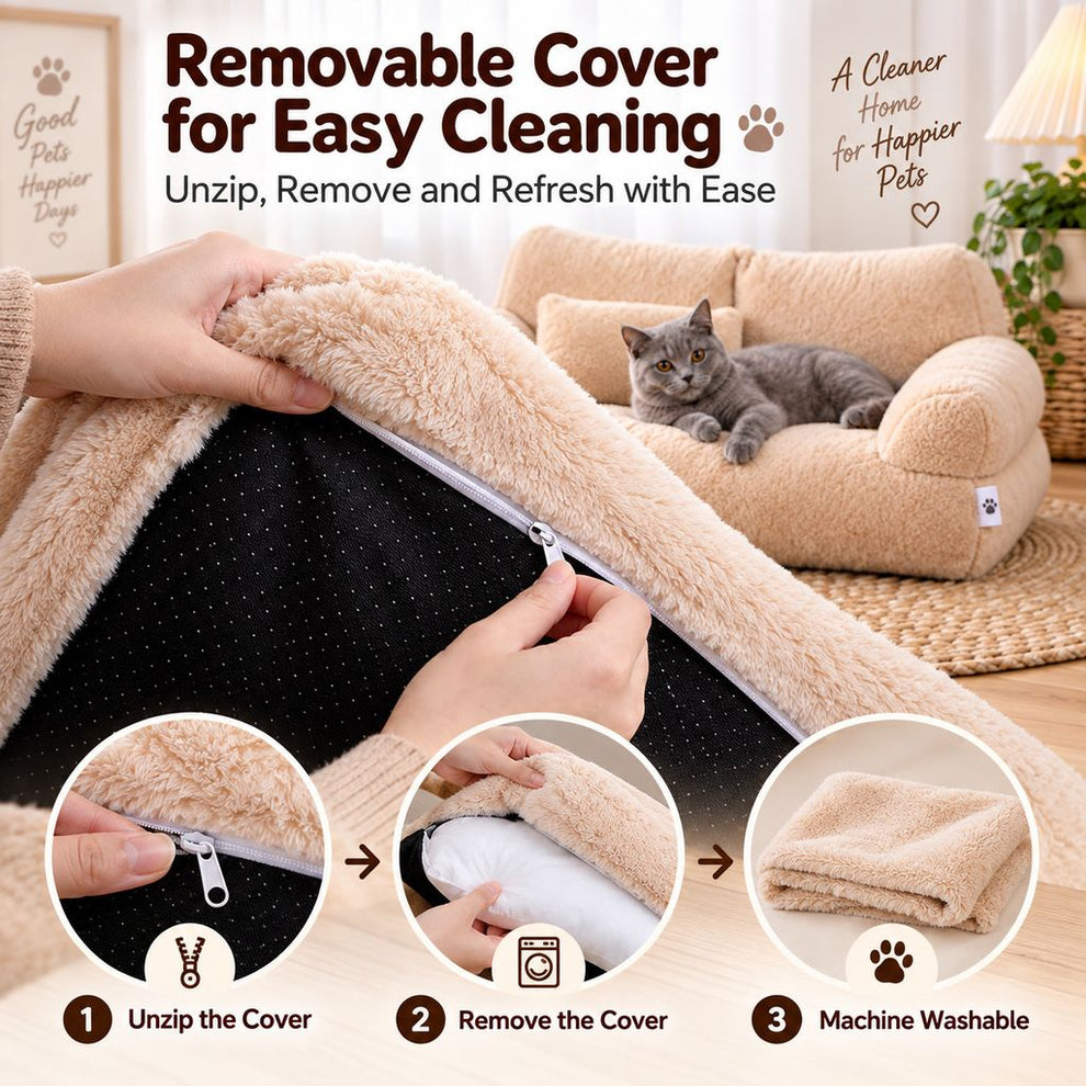 Paws in Awe Removable Plush Pet Sofa Bed for Cats & Small Dogs - Warm Supportive Couch for Indoor Naps & Easy Cleaning image 5