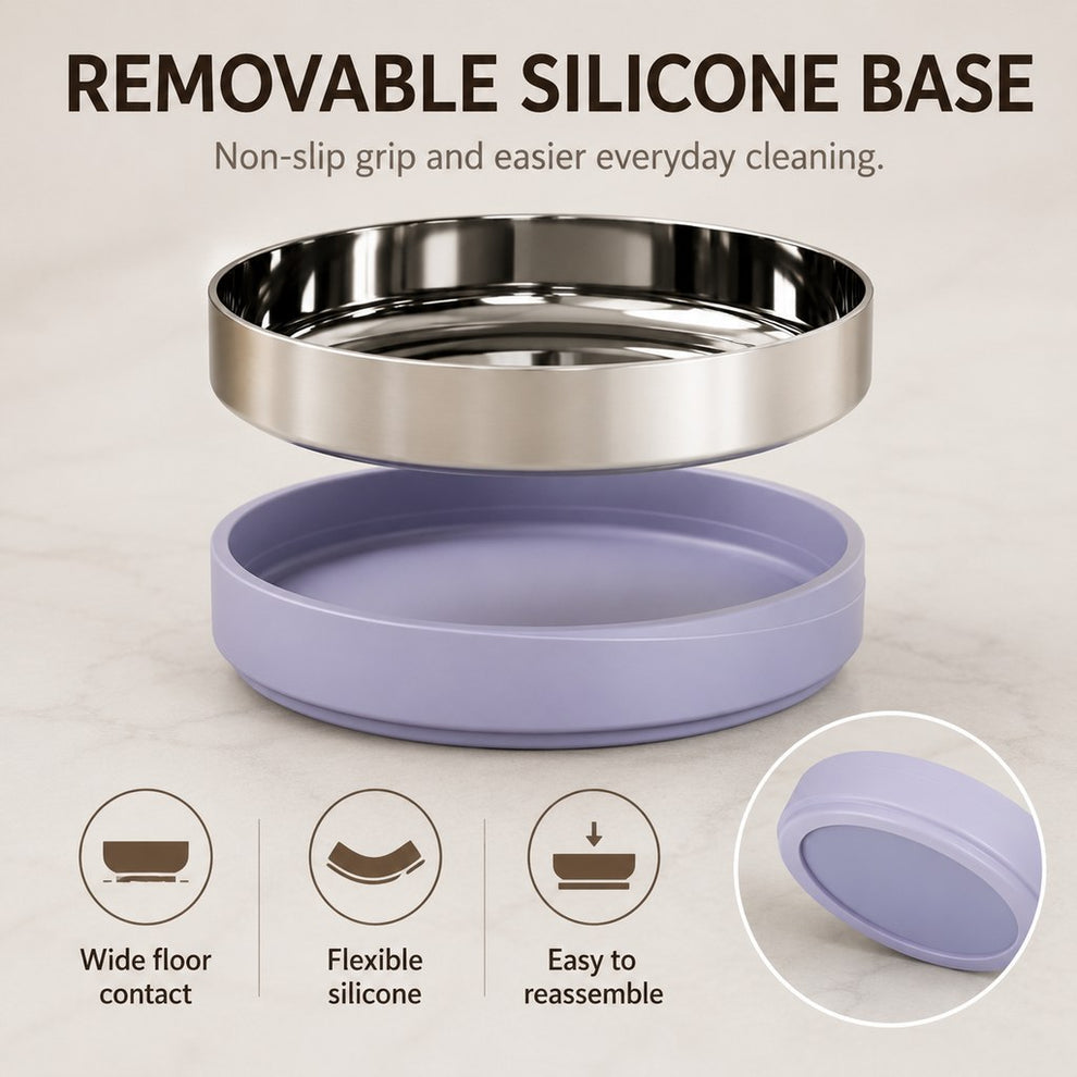 Removable silicone base on weighted pet bowl