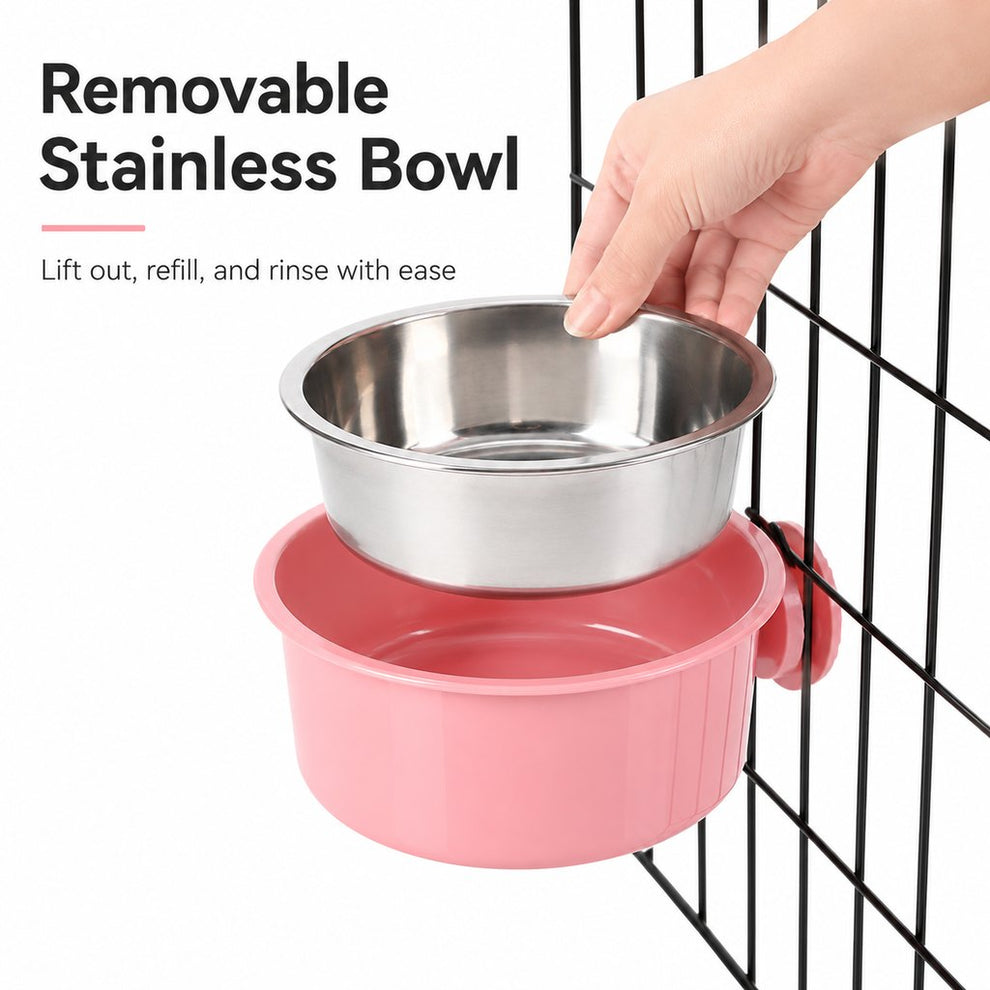 Crate-mounted stainless steel pet bowl for dogs and cats