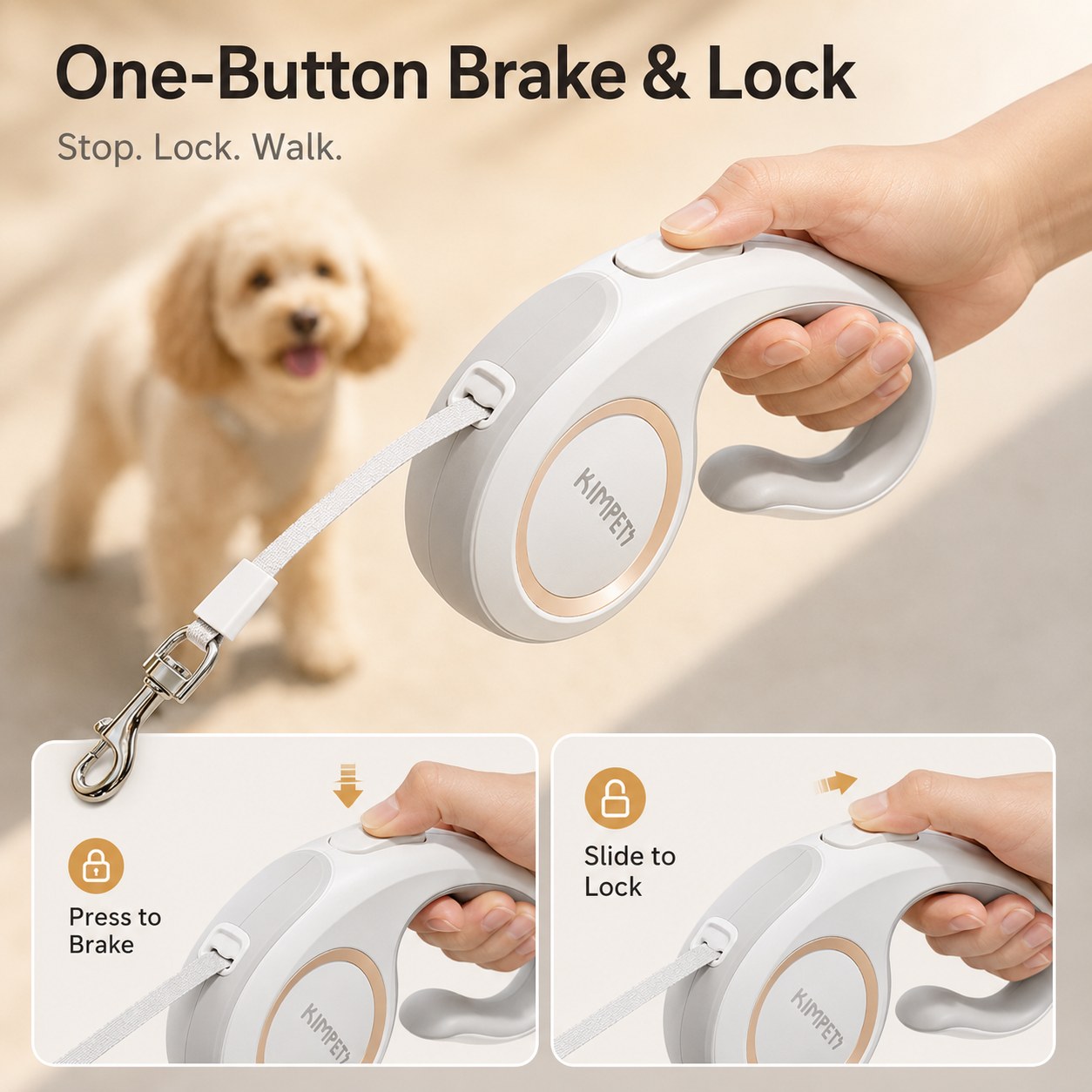 One button brake and lock retractable dog leash for controlled walks