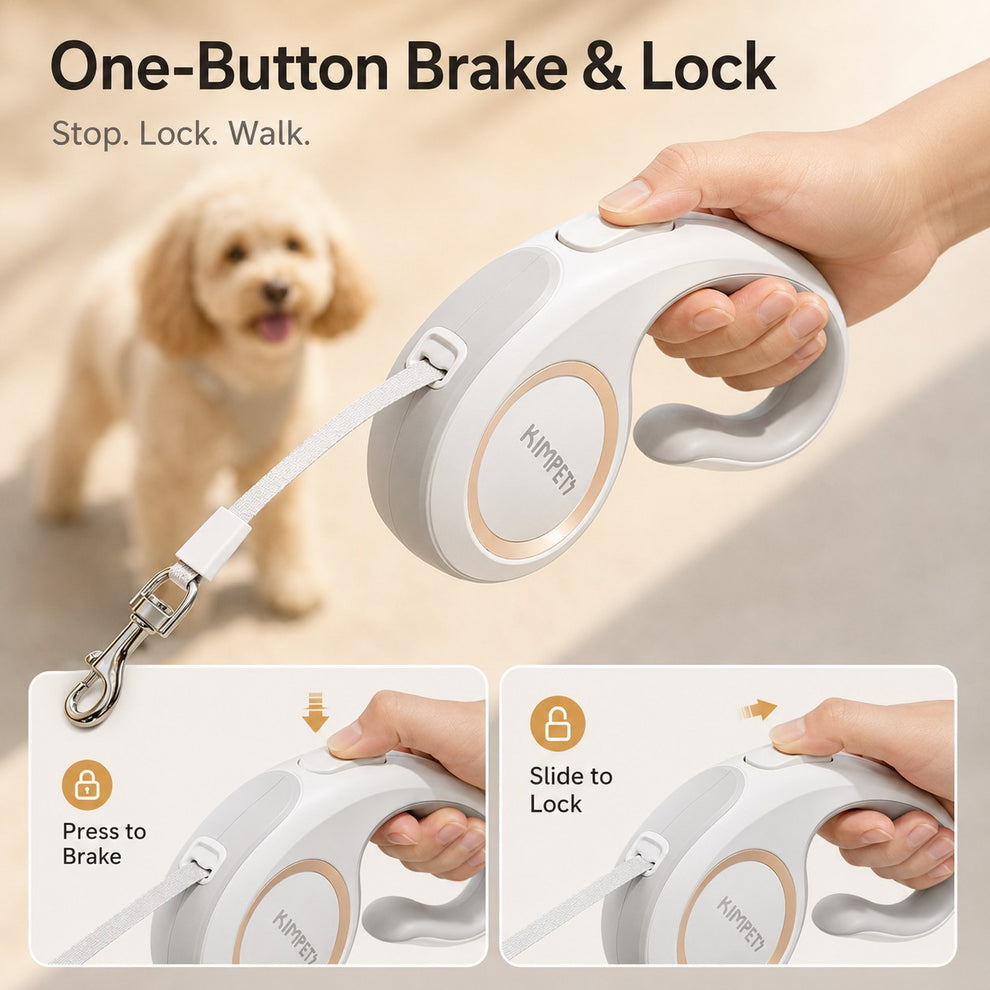 One button brake and lock retractable dog leash for controlled walks