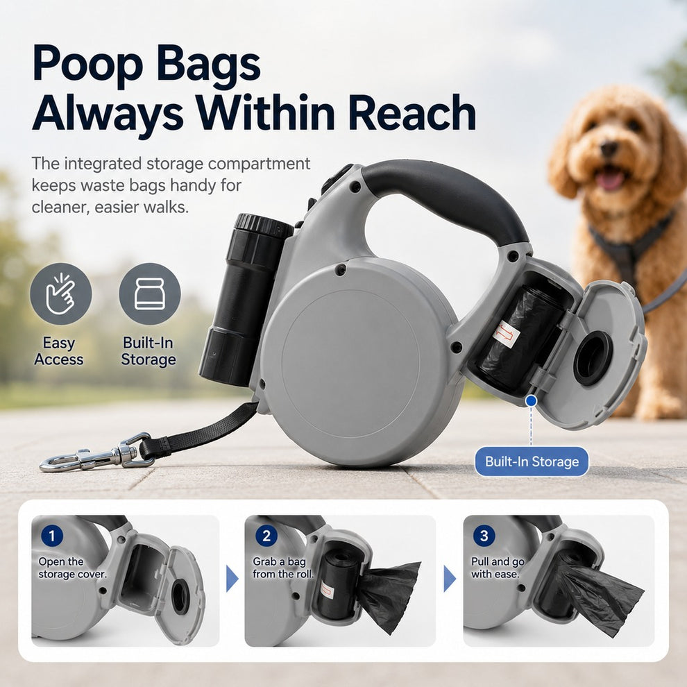 Paws in Awe 3-in-1 Retractable Dog Leash for Night Walks - Built-In Flashlight & Poop Bag Holder for Easier, Cleaner Walks image 7