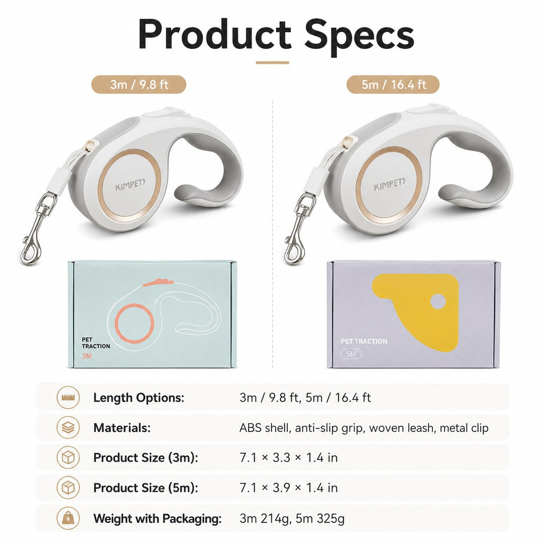 Retractable dog leash product specs with 3m and 5m sizes