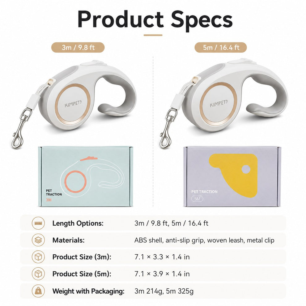 Retractable dog leash product specs with 3m and 5m sizes