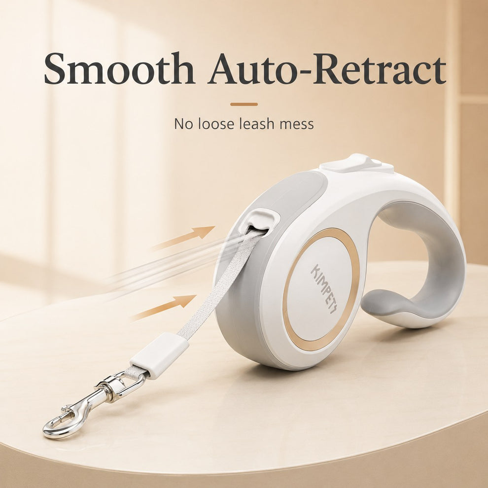 Smooth auto retract dog leash keeps tape tidy and off the ground
