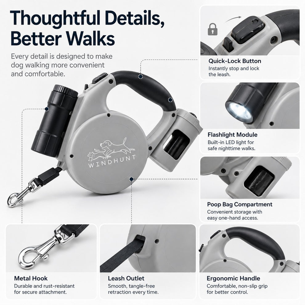 Paws in Awe 3-in-1 Retractable Dog Leash for Night Walks - Built-In Flashlight & Poop Bag Holder for Easier, Cleaner Walks image 5