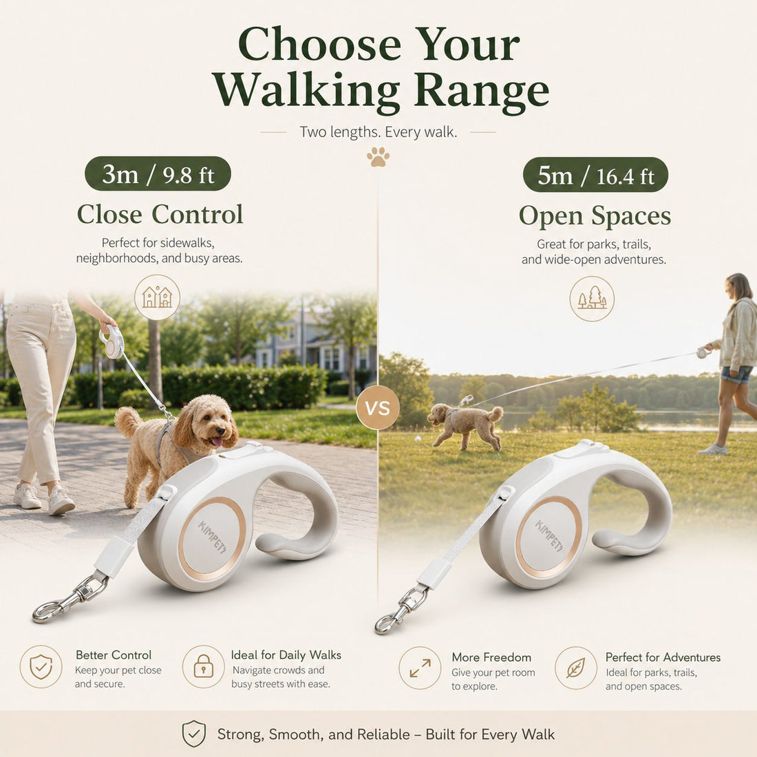Choose 3m or 5m walking range retractable dog leash guide
