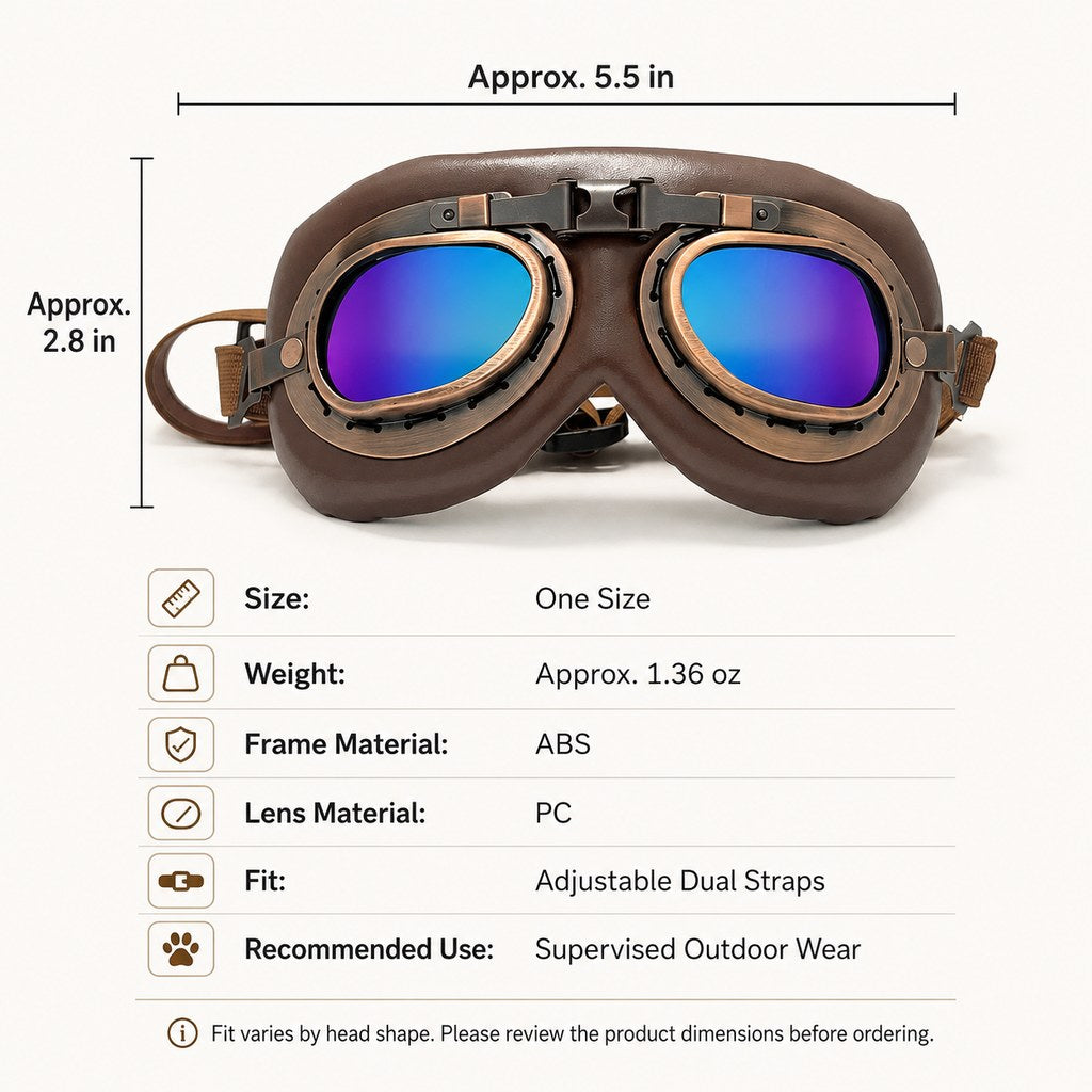 Retro aviator dog goggles size and specifications