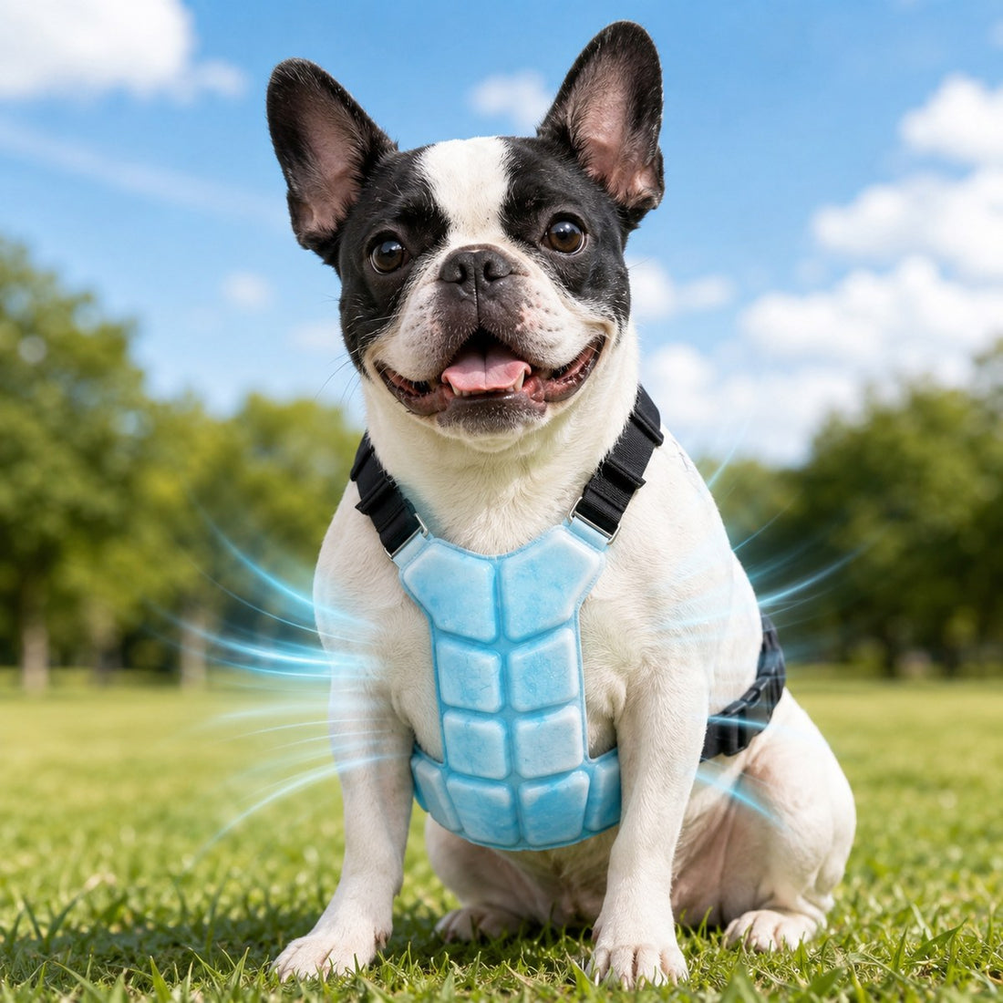Reusable PCM pet cooling vest in blue worn by a dog outdoors for summer walks.