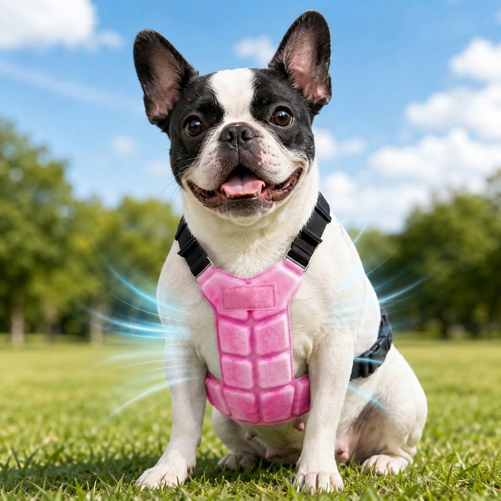 Reusable PCM pet cooling vest in pink worn by a dog outdoors.