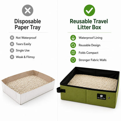 Reusable travel cat litter box compared with disposable tray