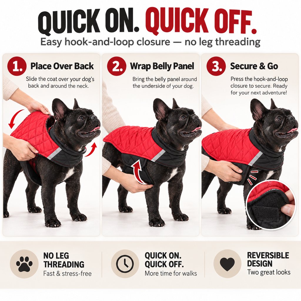 Quick hook-and-loop fitting guide for reversible dog winter coat
