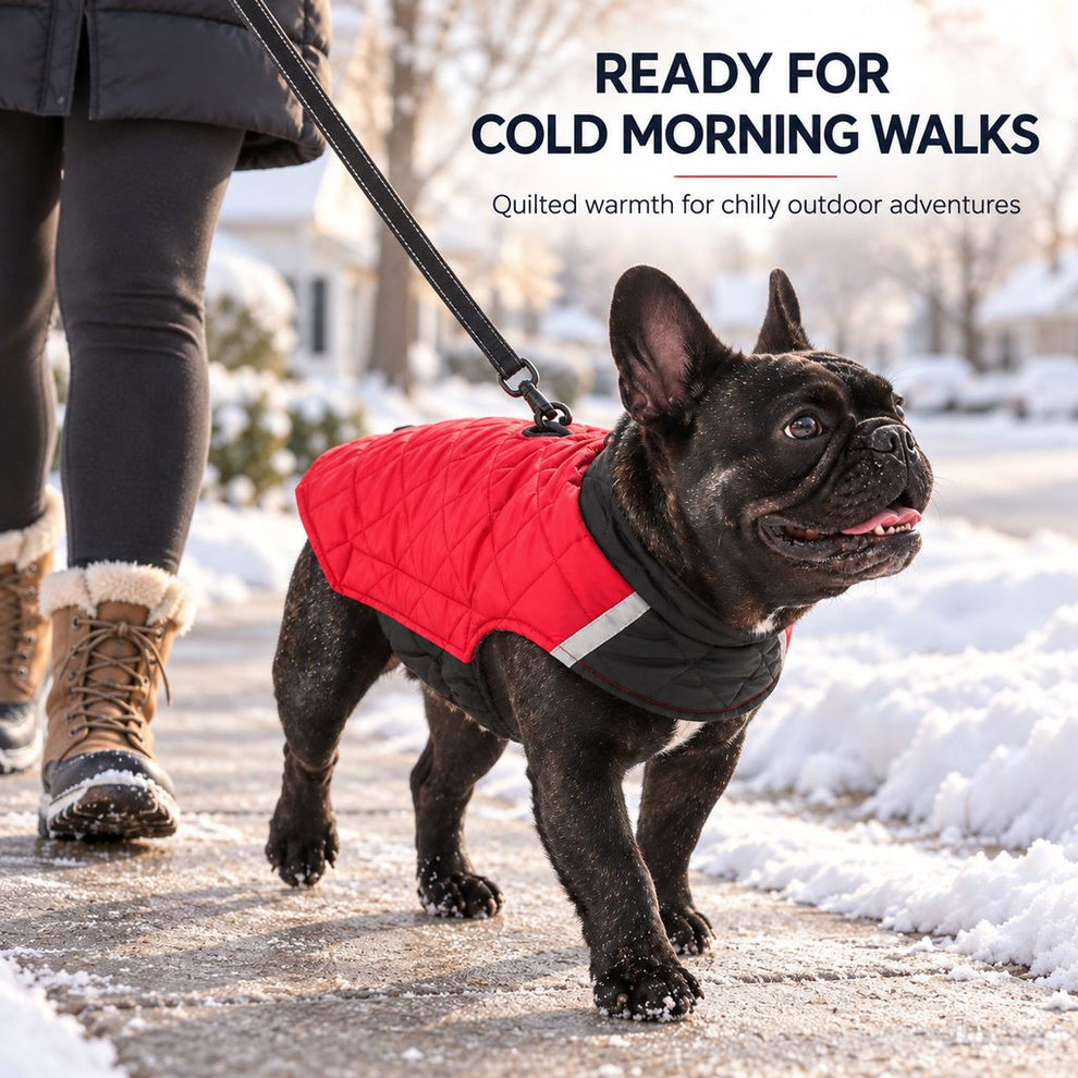 French Bulldog wearing a quilted dog winter coat on a cold walk