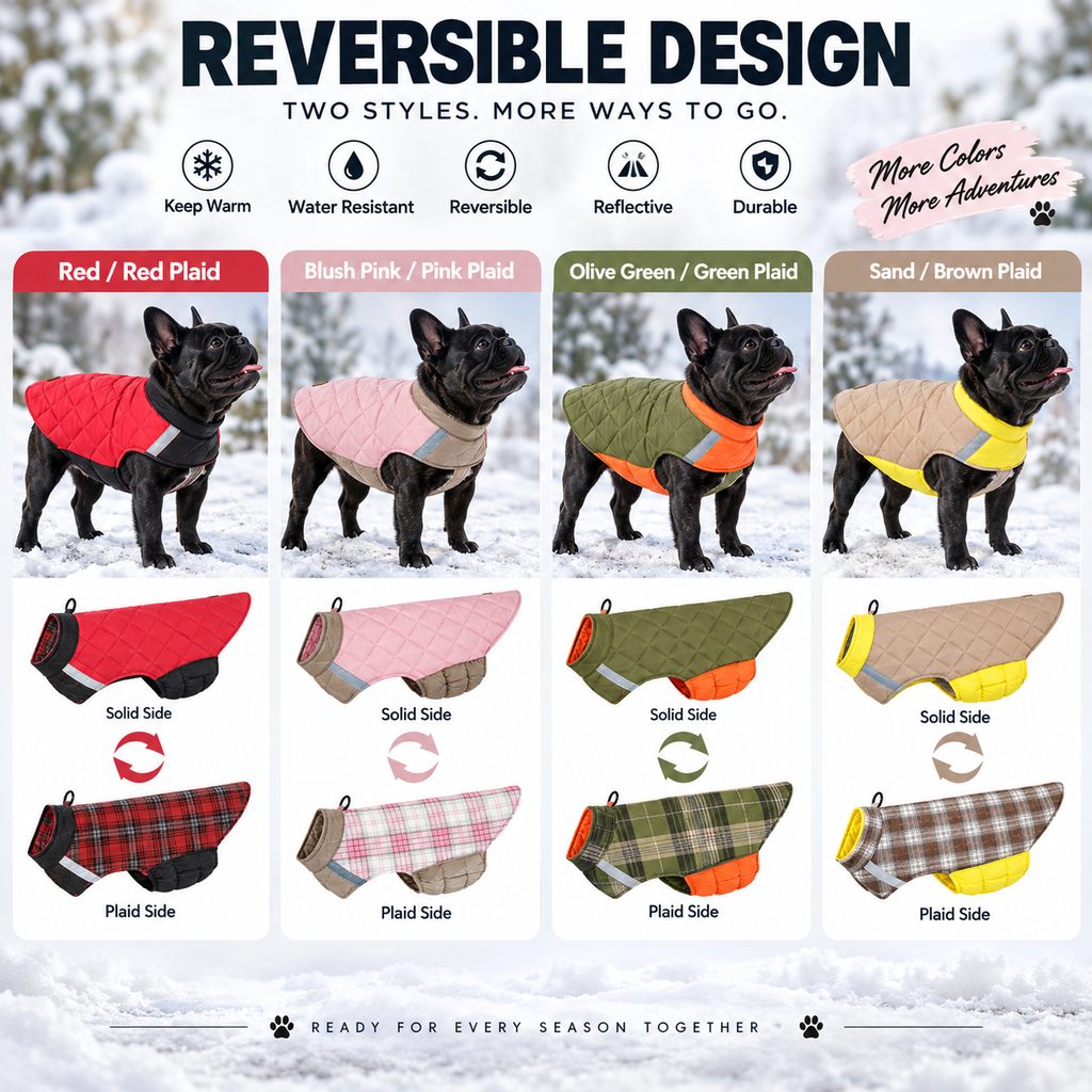 Four reversible quilted dog winter coat color combinations