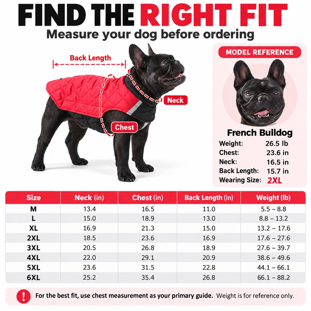 Reversible quilted dog winter coat M to 6XL size guide