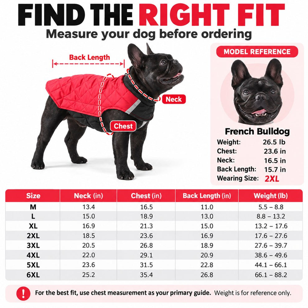 Reversible quilted dog winter coat M to 6XL size guide