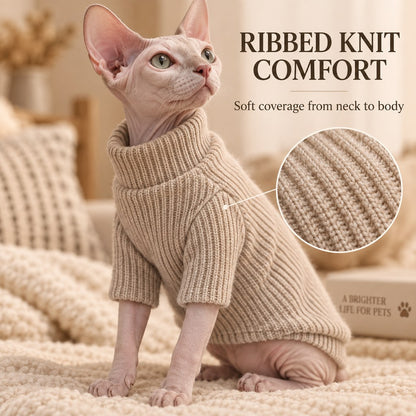 Ribbed knit turtleneck and short sleeve details on cat sweater
