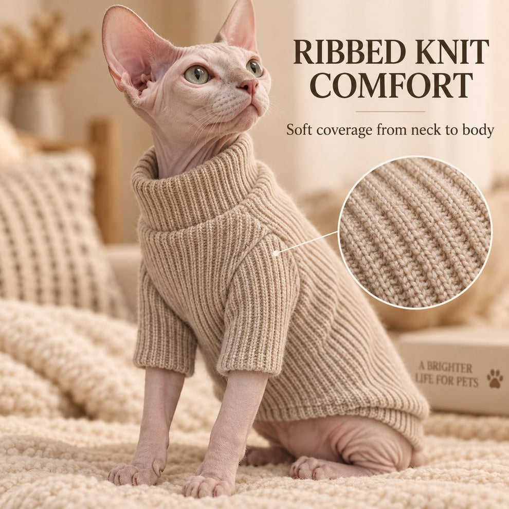 Ribbed knit turtleneck and short sleeve details on cat sweater