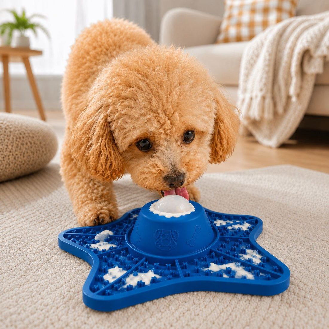 Blue rolling ball slow feeder lick mat for dogs and cats.