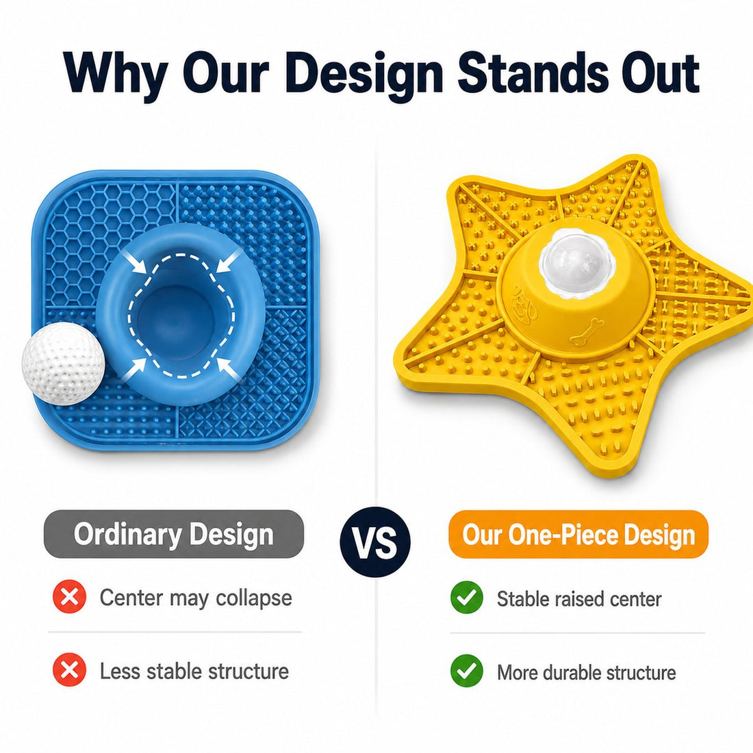 One-piece rolling ball slow feeder lick mat design comparison.