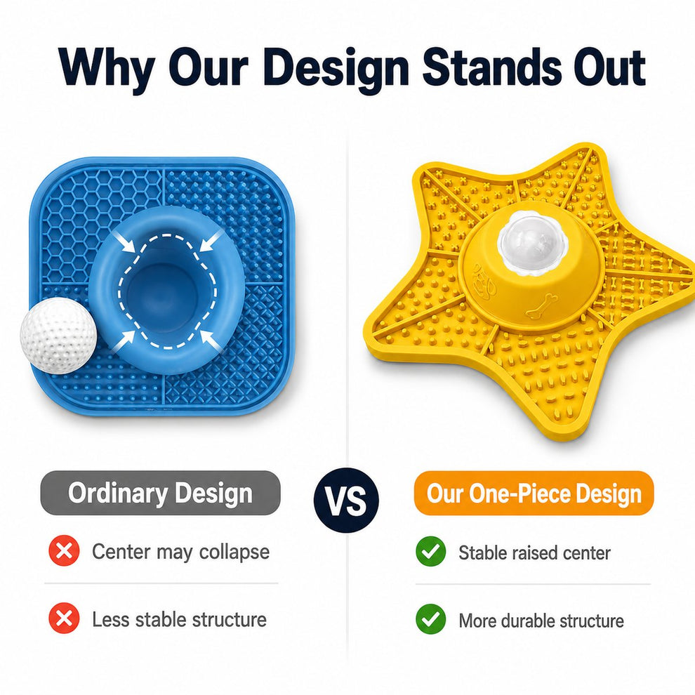 One-piece rolling ball slow feeder lick mat design comparison.