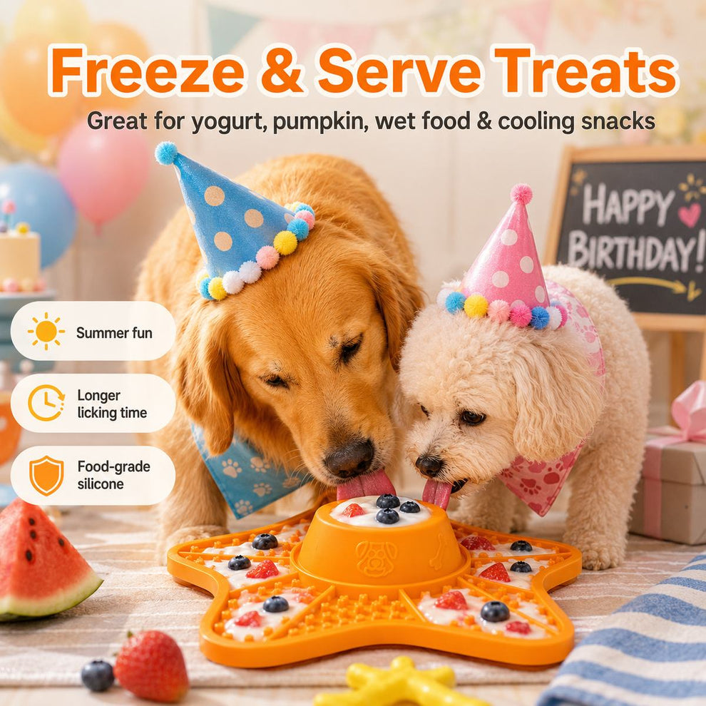 Rolling ball slow feeder lick mat for yogurt, pumpkin, wet food, and frozen pet treats.