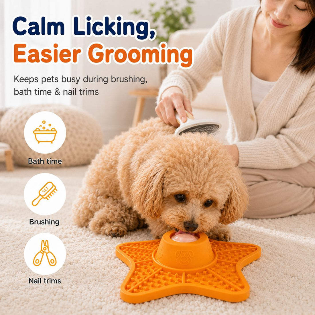 Slow feeder lick mat keeps pets busy during grooming, brushing, bath time, and nail trims.