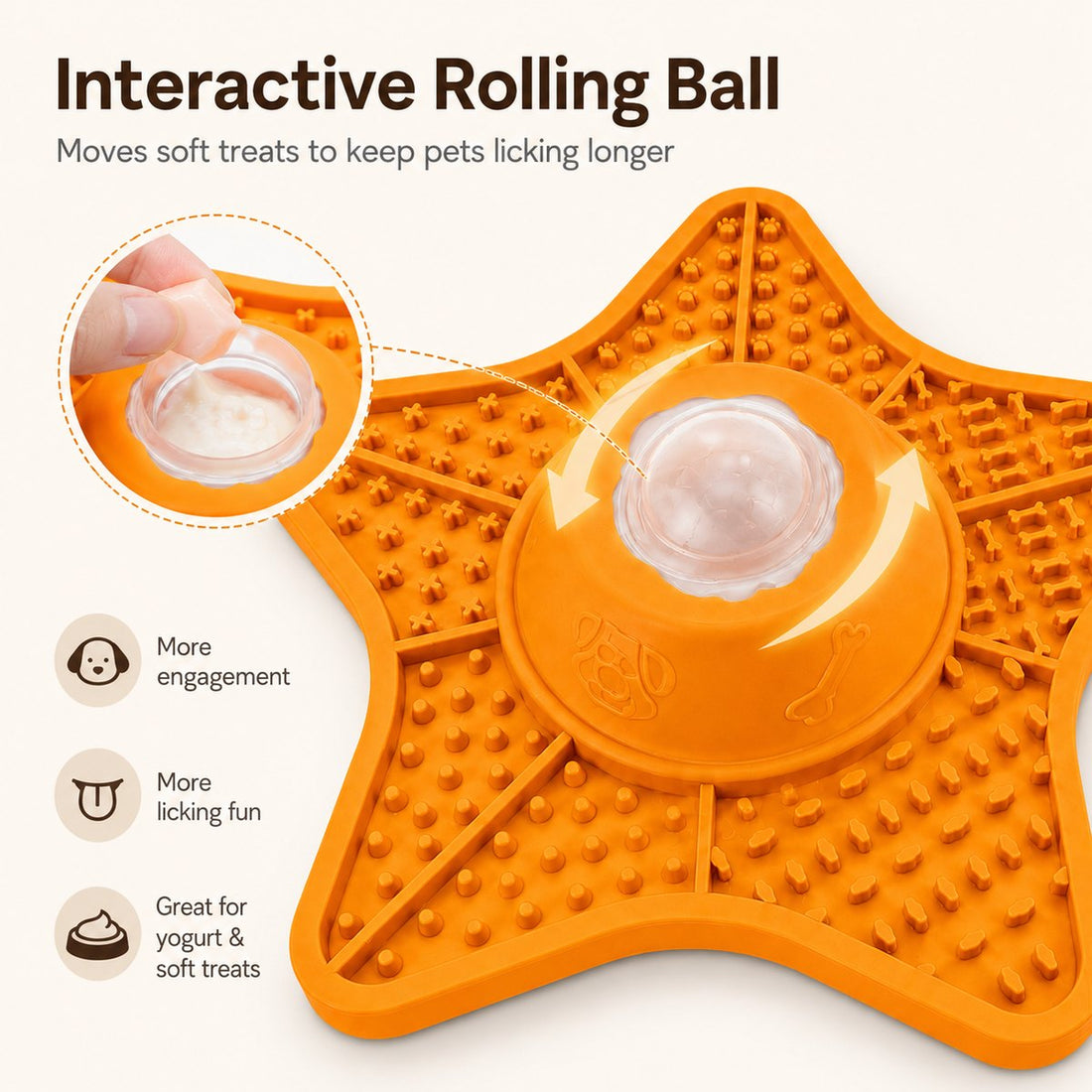 Interactive rolling ball slow feeder lick mat moves soft treats as pets lick.
