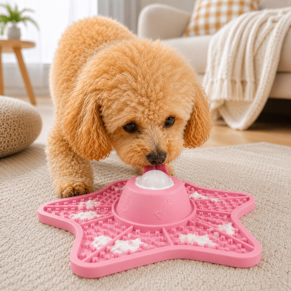 Pink rolling ball slow feeder lick mat for dogs and cats.
