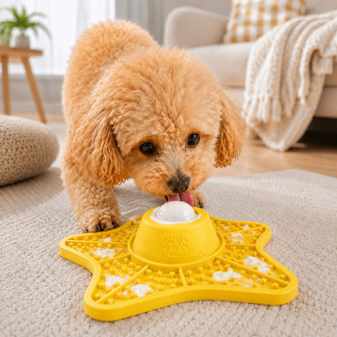 Yellow rolling ball slow feeder lick mat for dogs and cats.