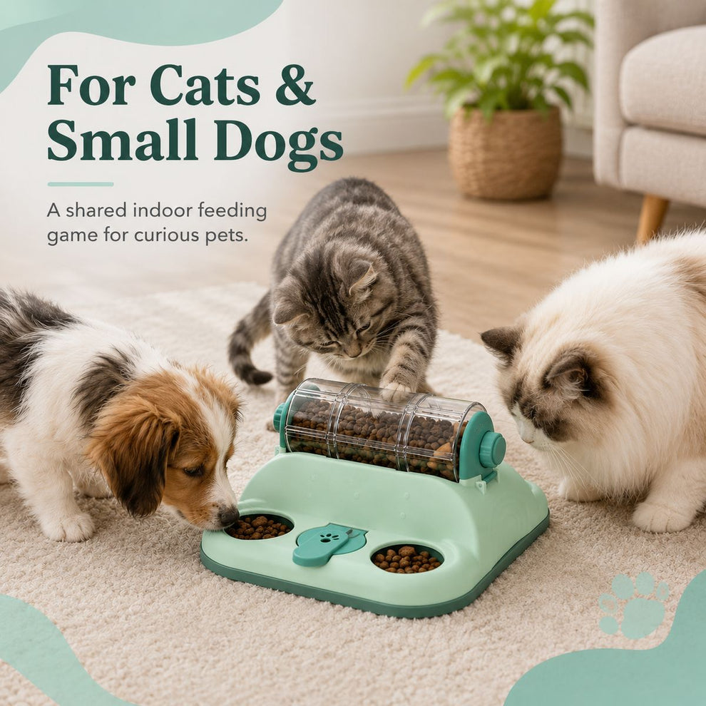 Rotating puzzle feeder for cats and small dogs in shared indoor play.