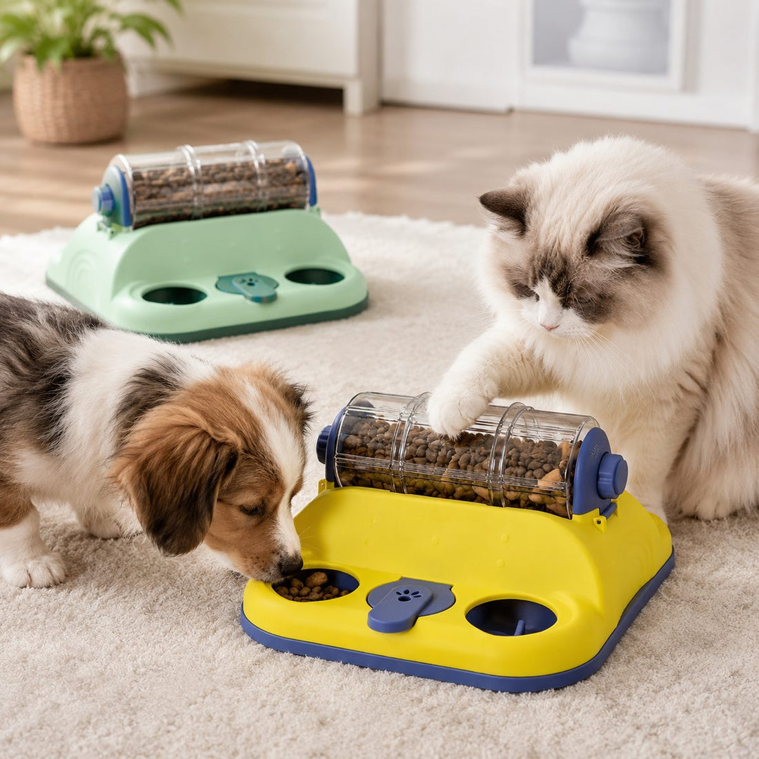 Rotating puzzle feeder for cats and small dogs using dry kibble.