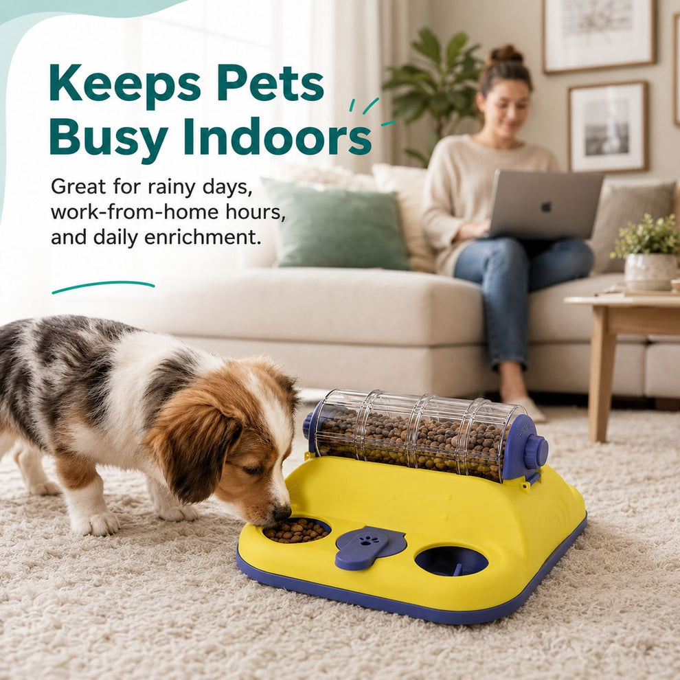 Rotating puzzle feeder keeps pets busy indoors during daily enrichment.