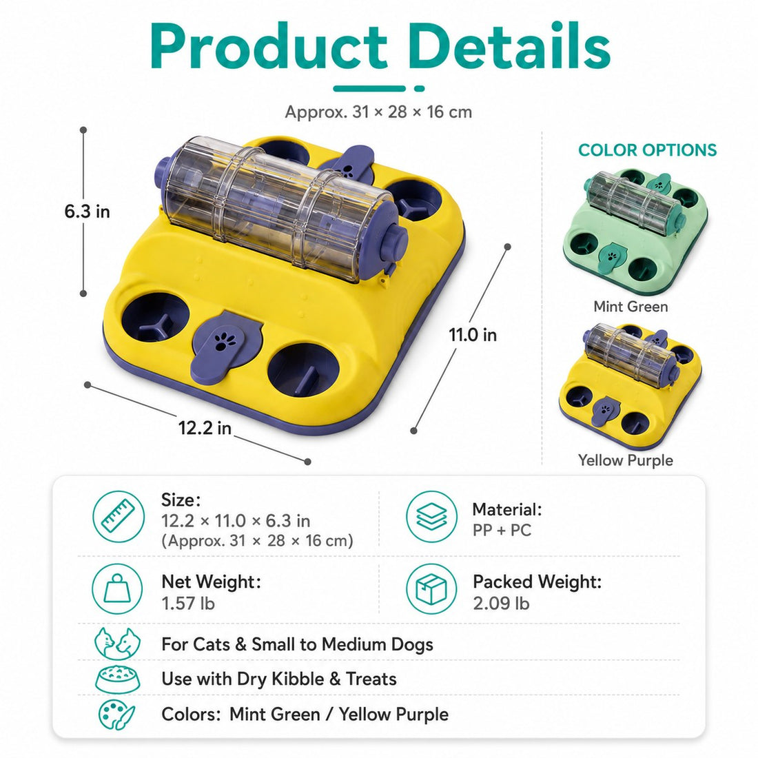 Rotating puzzle feeder product details with size, material, weight, and color options.