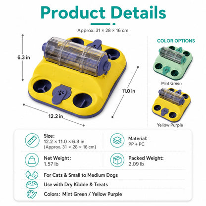 Rotating puzzle feeder product details with size, material, weight, and color options.