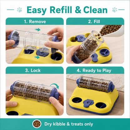 Rotating puzzle feeder with removable barrel for easy refill and cleaning.