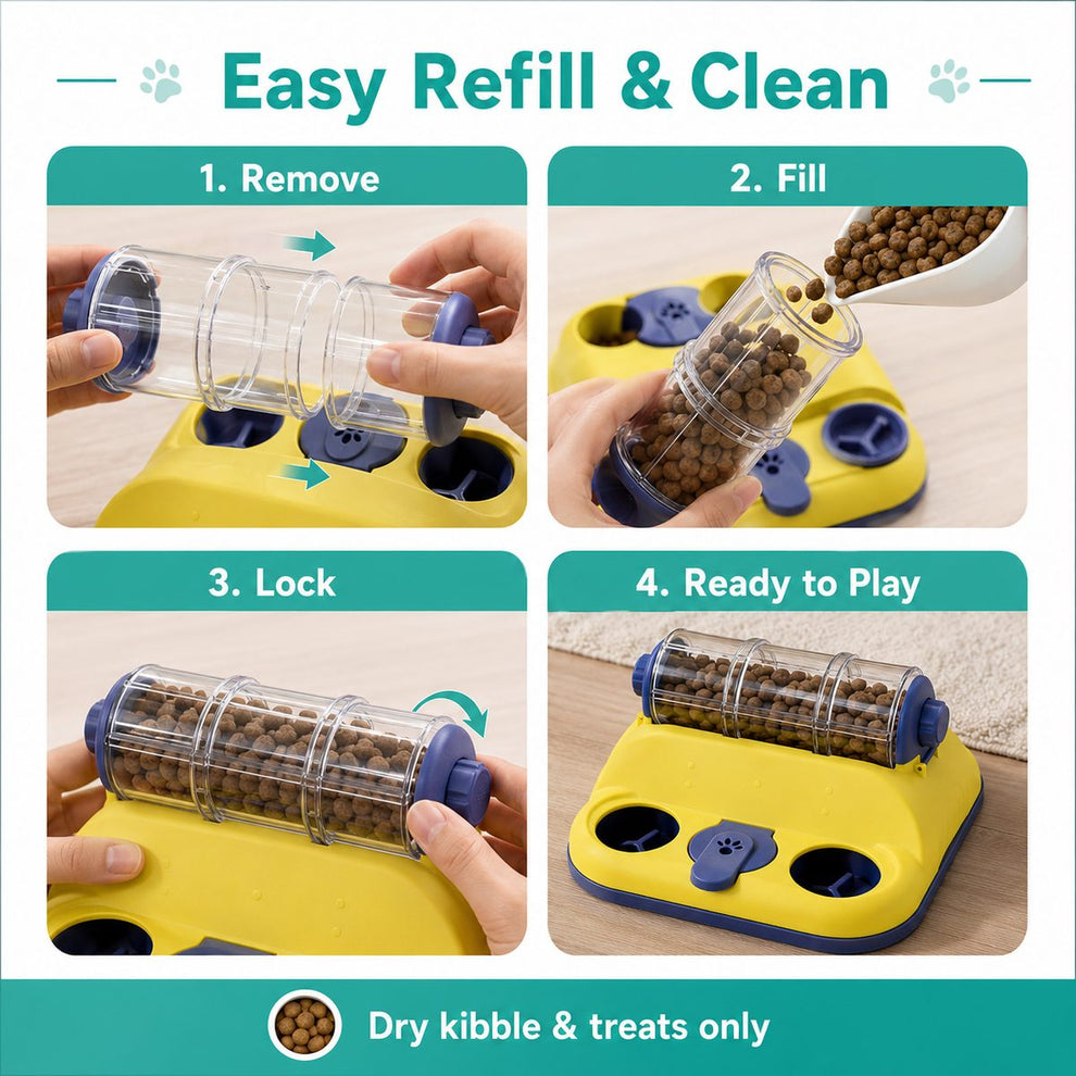 Rotating puzzle feeder with removable barrel for easy refill and cleaning.