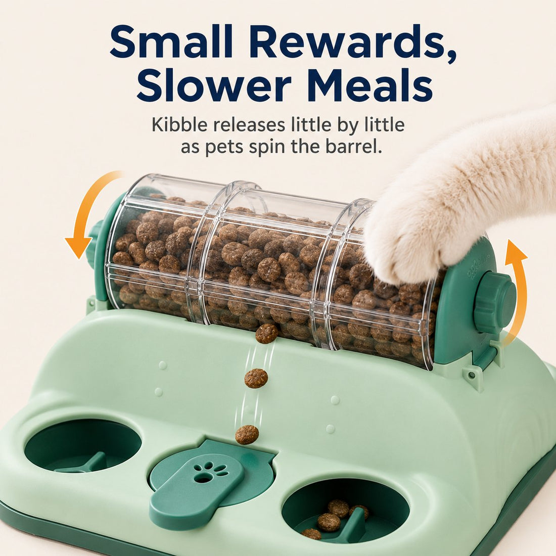Rotating puzzle feeder releases small kibble rewards for slower meals.